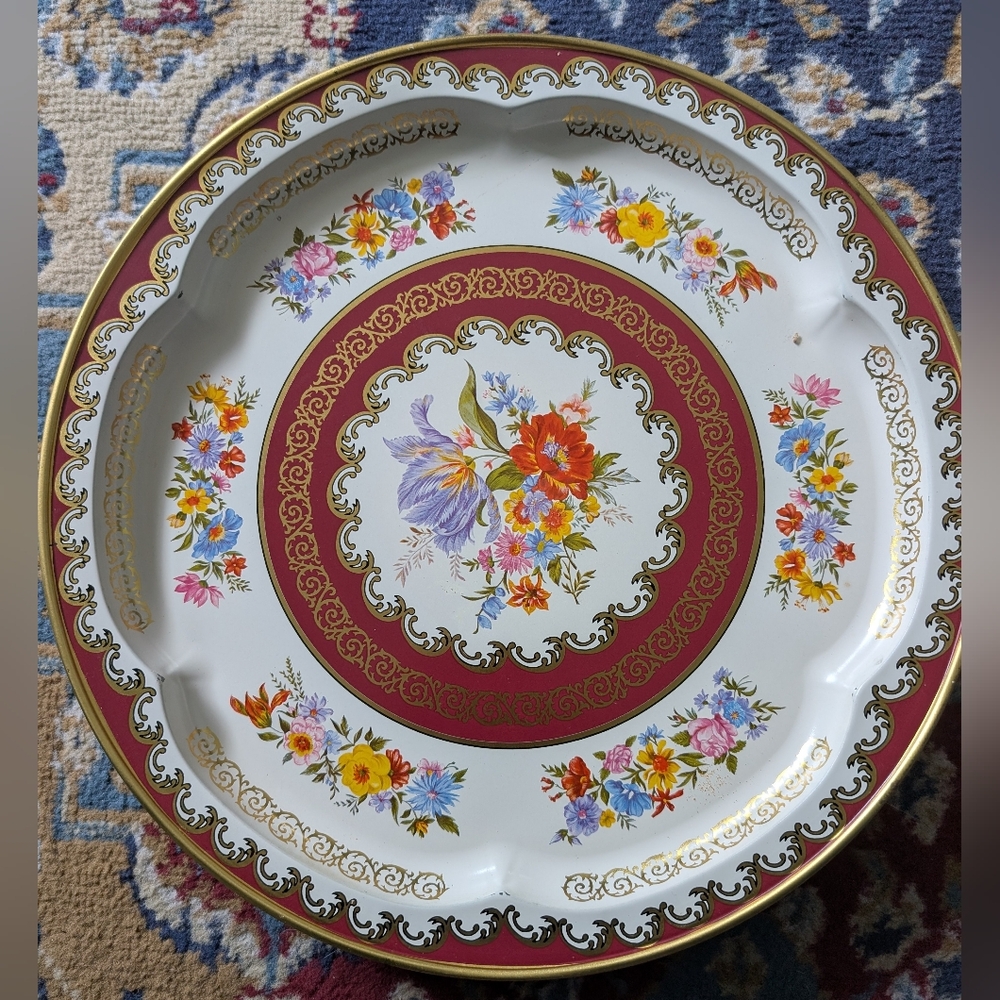 Vintage Floral Tin Serving Tray With Gold And Maroon Decor , Appr. 13 1/4",